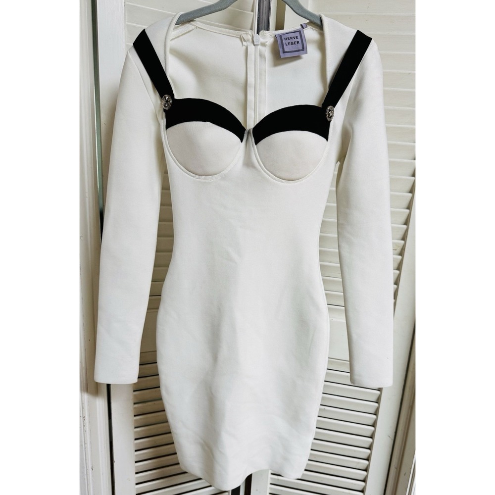NWT Herve‎ Leger wiggle WHITE Black Rimmed BRA Jeweled Bodycon Dress S/SMALL NEW